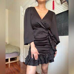 Express Black Ruched Wrap Dress with Bishop Sleeves